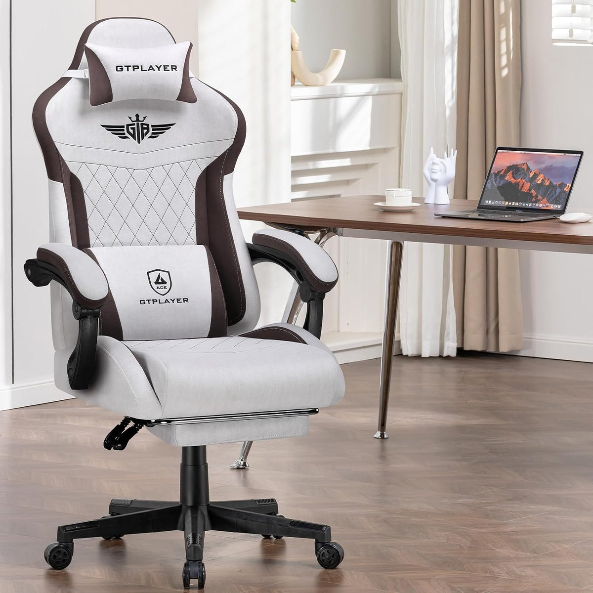 Gaming Chair, Video Game Chairs with Footrest and Lumbar Support, Computer Chair for Adults with Extended Backrest, Ergonomic Reclining Silla Gamer, Fabric, Brown