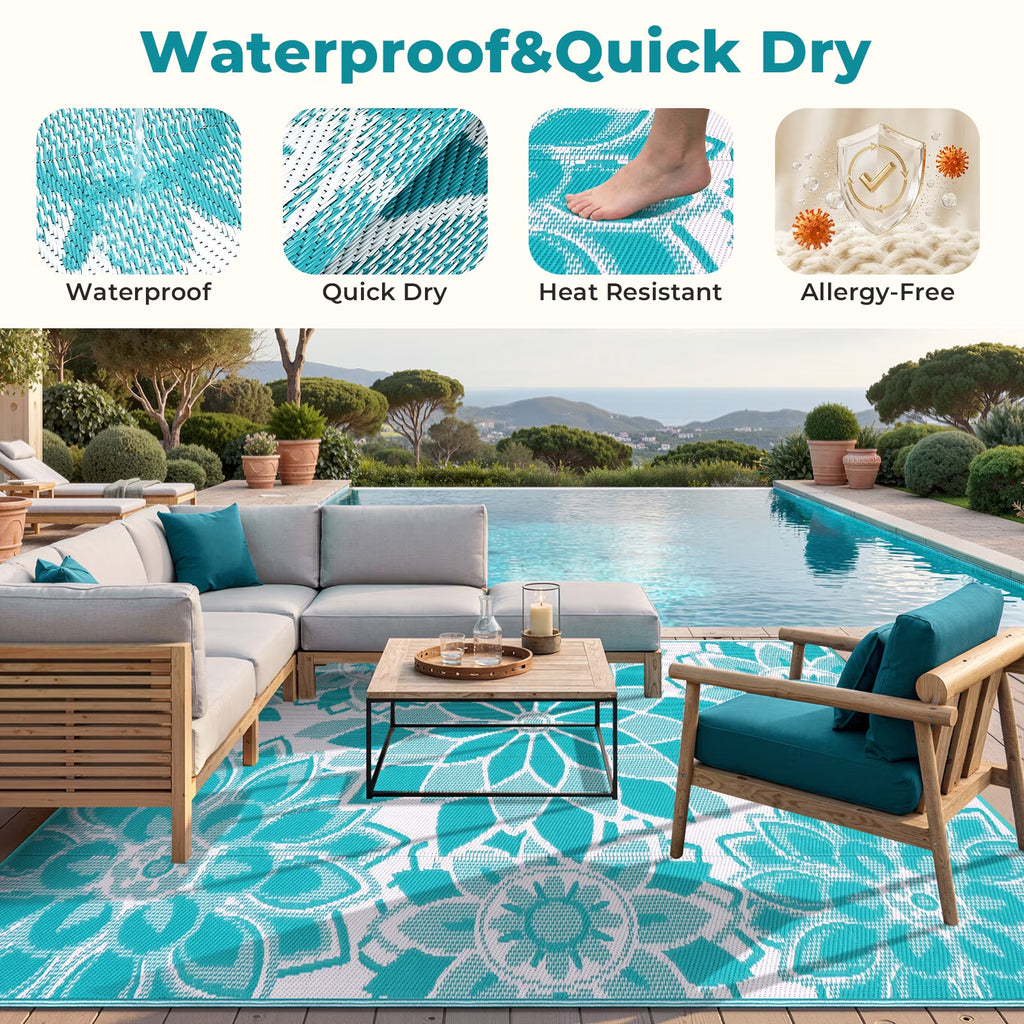 5'X8' Outdoor Rug Patios Rug Waterproof RV Outdoor Rug Camping Rugs Reversible Plastic Straw Rug Large Outdoor Mat Outdoor Area Rug for Camping,Balcony Apartment,Patio,Picnic,Beach Teal
