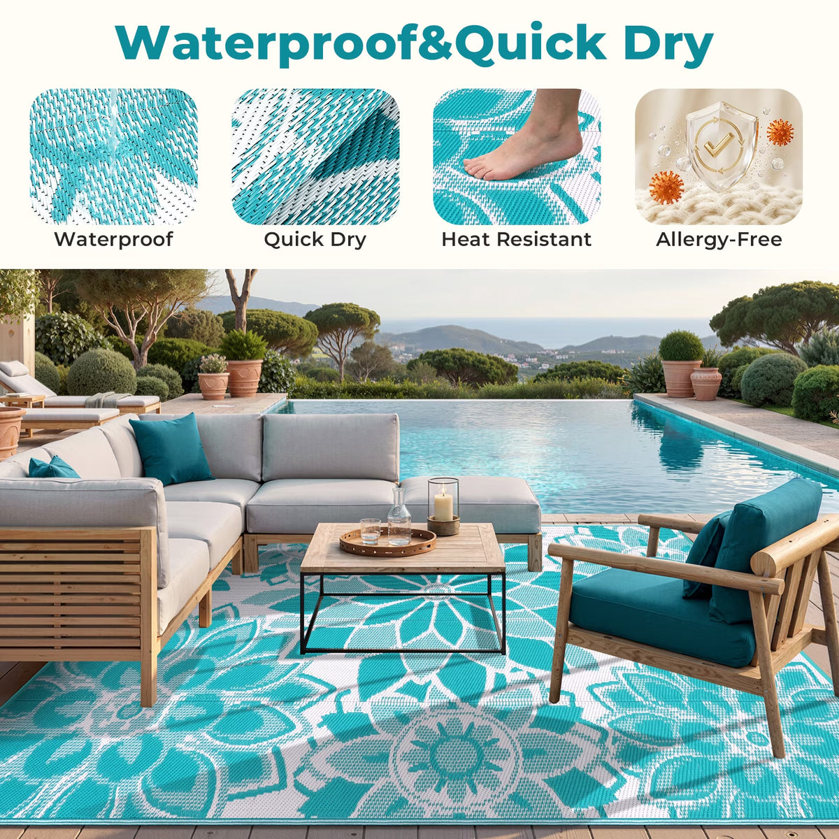 5'X8' Outdoor Rug Patios Rug Waterproof RV Outdoor Rug Camping Rugs Reversible Plastic Straw Rug Large Outdoor Mat Outdoor Area Rug for Camping,Balcony Apartment,Patio,Picnic,Beach Teal