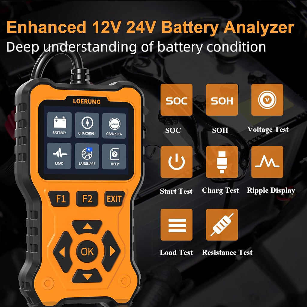 Car Battery Tester 12V 24V Load Tester,100-2000Cca Automotive Alternator Tester Battery Analyzer Digital Charg System Scan Tool Crank System Tester for Truck Marine Motorcycle SUV Boat.