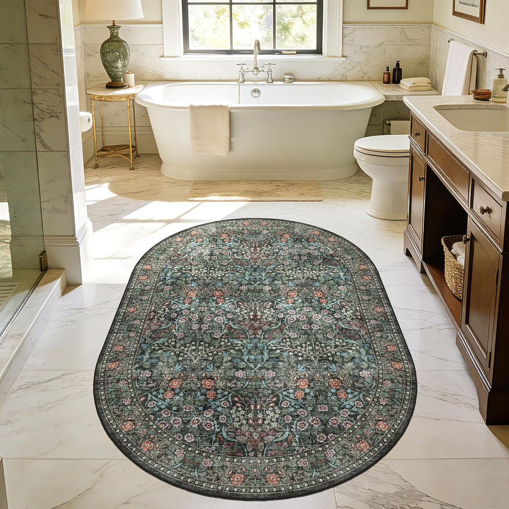 Floral 3X5 Entryway Oval Rug - Black Green Washable Bedroom Rug