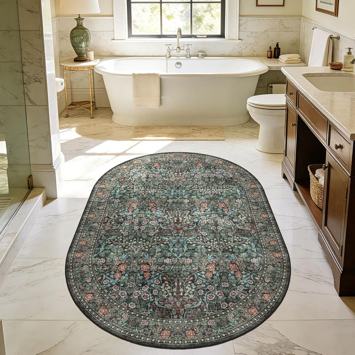Floral 3X5 Entryway Oval Rug - Black Green Washable Bedroom Rug