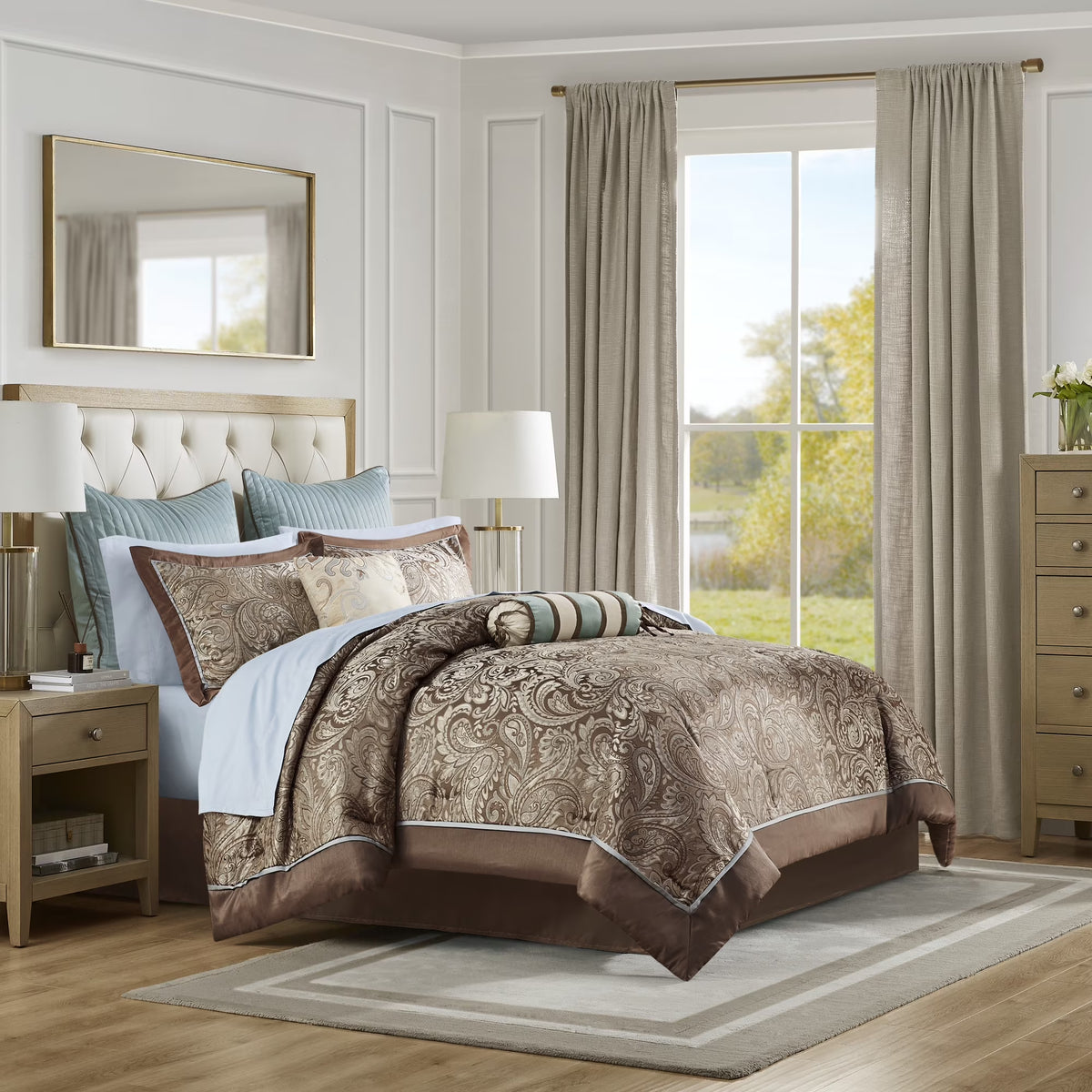 Bedding Sets 12 Piece Comforter Set with Cotton Bed Sheets Blue/Brown Cal King,Bed Sets