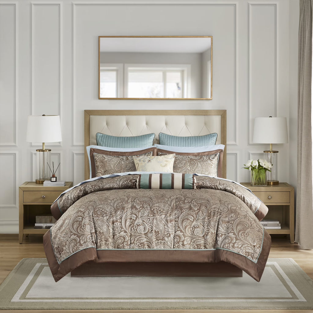 Bedding Sets 12 Piece Comforter Set with Cotton Bed Sheets Blue/Brown Cal King,Bed Sets