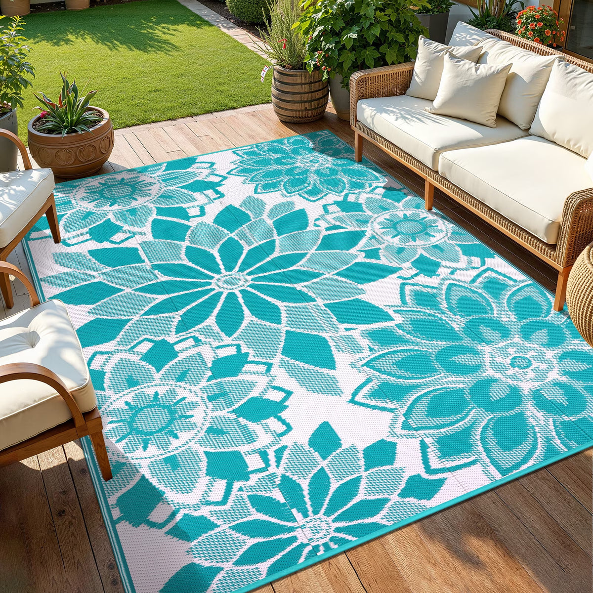 5'X8' Outdoor Rug Patios Rug Waterproof RV Outdoor Rug Camping Rugs Reversible Plastic Straw Rug Large Outdoor Mat Outdoor Area Rug for Camping,Balcony Apartment,Patio,Picnic,Beach Teal