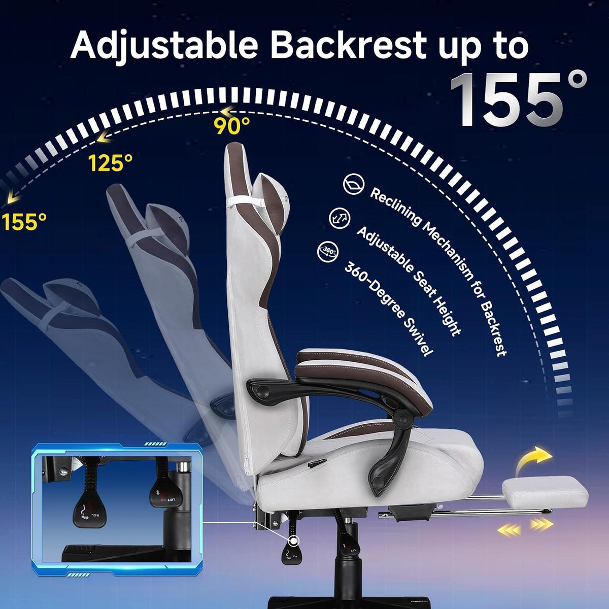 Gaming Chair, Video Game Chairs with Footrest and Lumbar Support, Computer Chair for Adults with Extended Backrest, Ergonomic Reclining Silla Gamer, Fabric, Brown