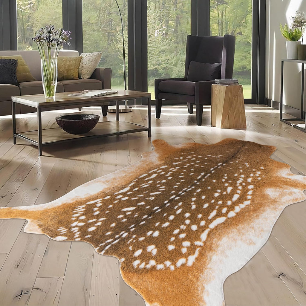Deer Rug Antelope Print Rug, 5.2X7 Feet Faux Deer Hide Fawn Animal Print Skin for Living Room Bedroom Brown Rustic Western Décor