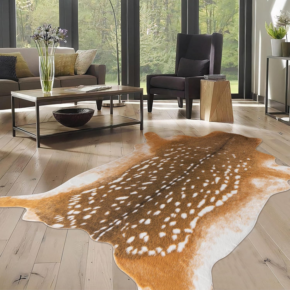 Deer Rug Antelope Print Rug, 5.2X7 Feet Faux Deer Hide Fawn Animal Print Skin for Living Room Bedroom Brown Rustic Western Décor