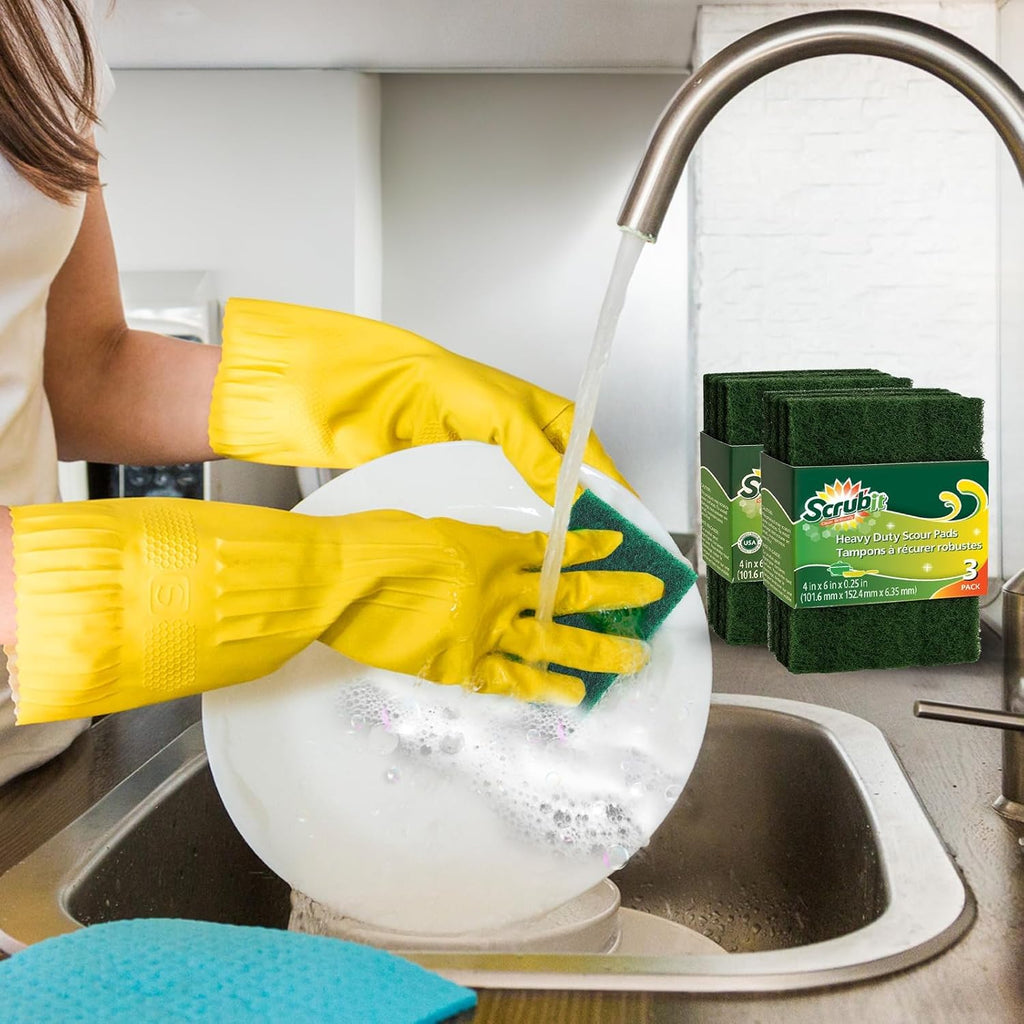 Scouring Pads - Heavy Duty Household Cleaning Scrubber with Non-Scratch Anti-Grease Technology - Reusable Scrubbing Pads – Green, 6 Pack