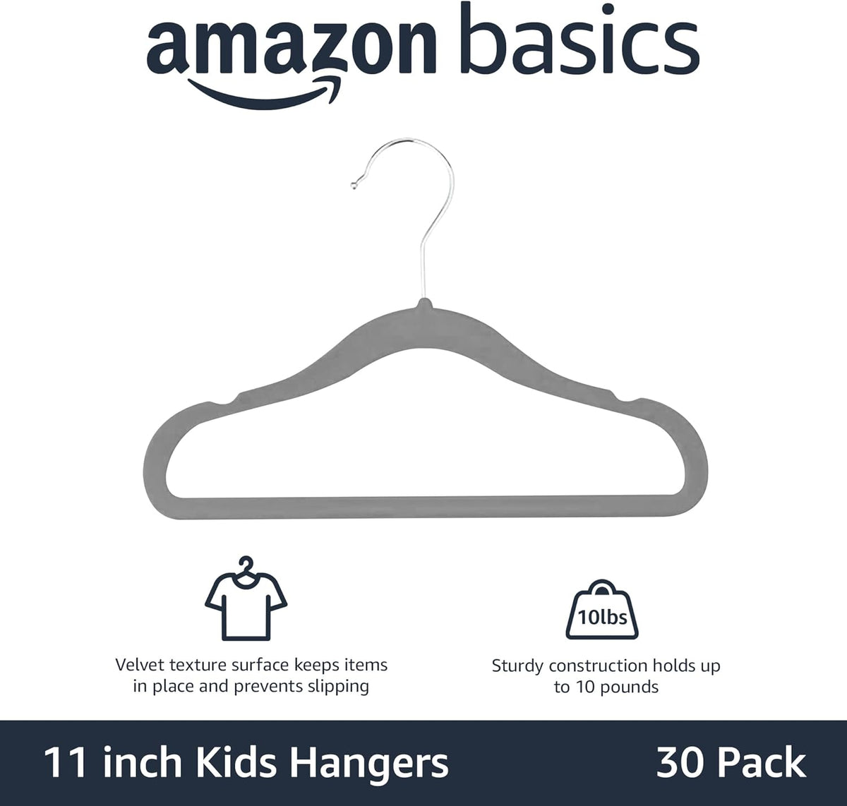 Kids Velvet Non-Slip Space Saving Clothes Hangers with Shoulder Notches, Sturdy Closet Organizer for Baby/Toddler, 11.6", Gray, 30-Pack