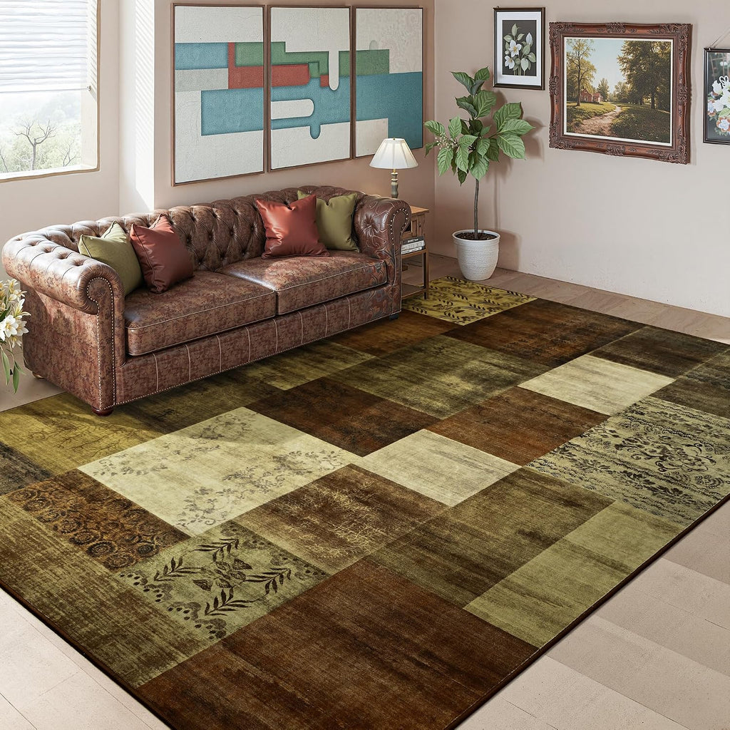 6X9 Area Rugs for Living Room, Washable Geometric Brown Bedroom Rug