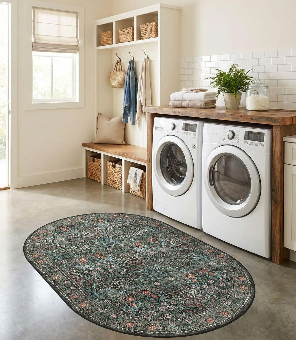 Floral 3X5 Entryway Oval Rug - Black Green Washable Bedroom Rug