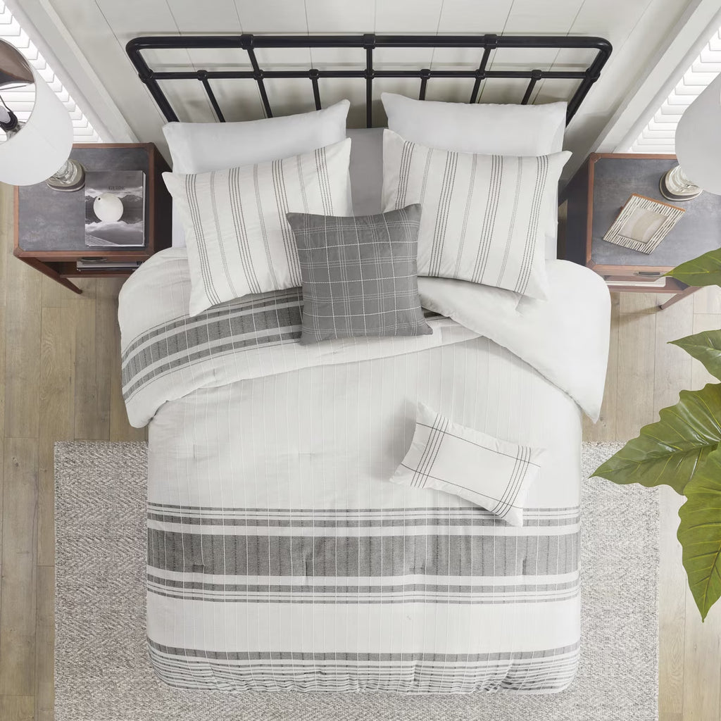 Bedding Sets 6 Piece Cotton Jacquard Oversized Comforter Set White/Grey Queen,Bed Sets