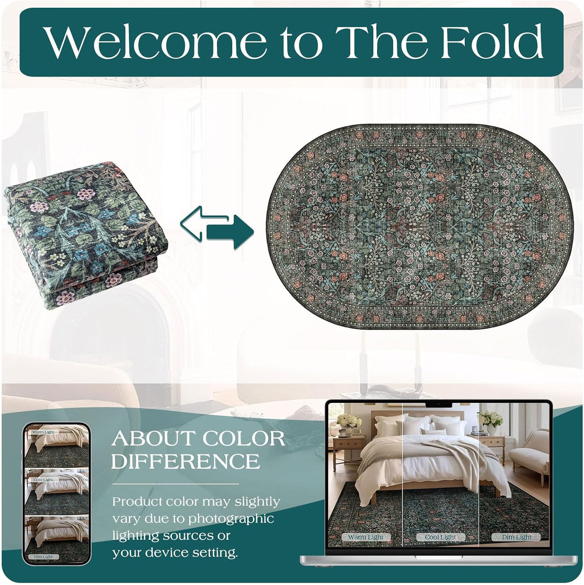 Floral 3X5 Entryway Oval Rug - Black Green Washable Bedroom Rug