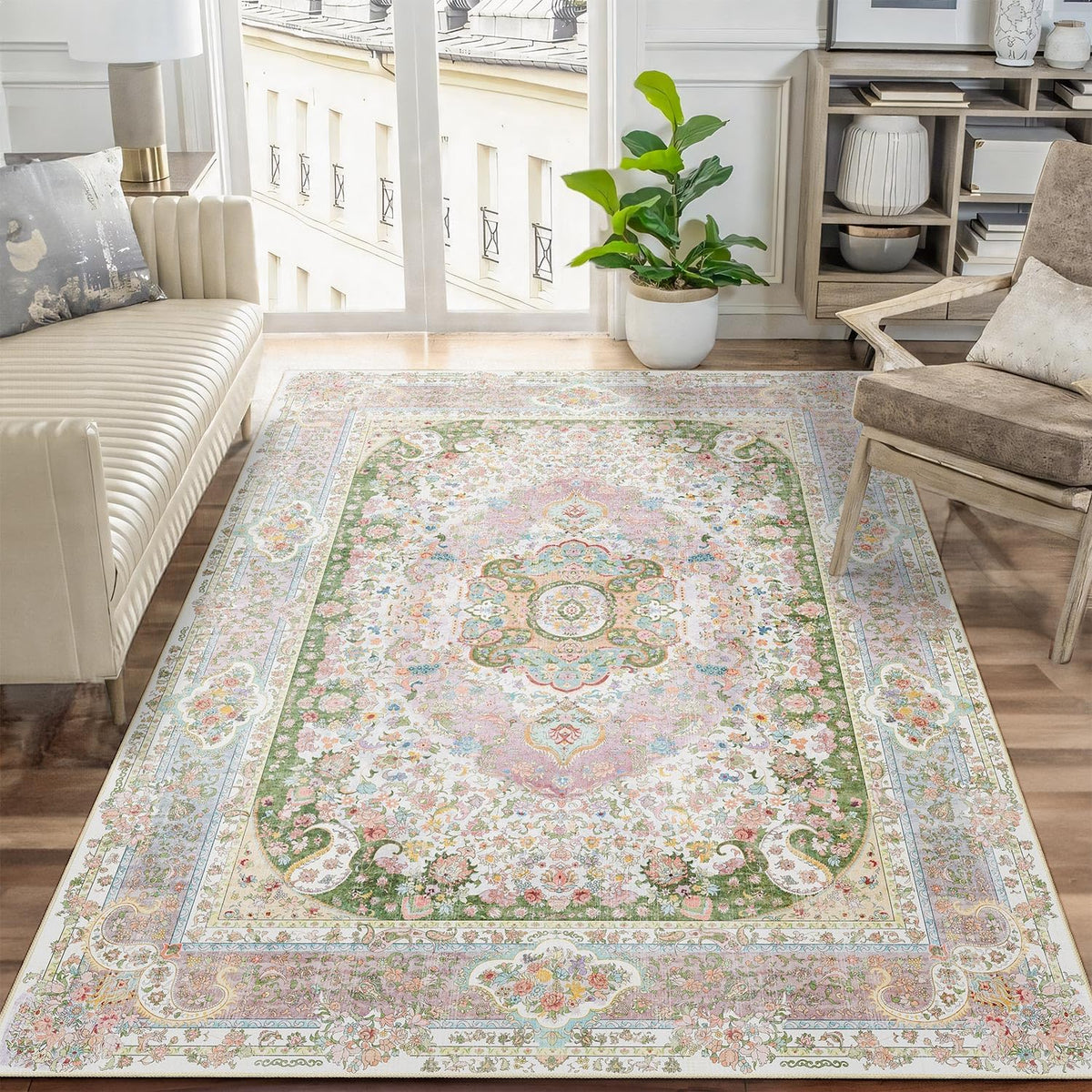 5X7 Area Rugs Washable,Pink Rug for Living Room Bedroom Boho
