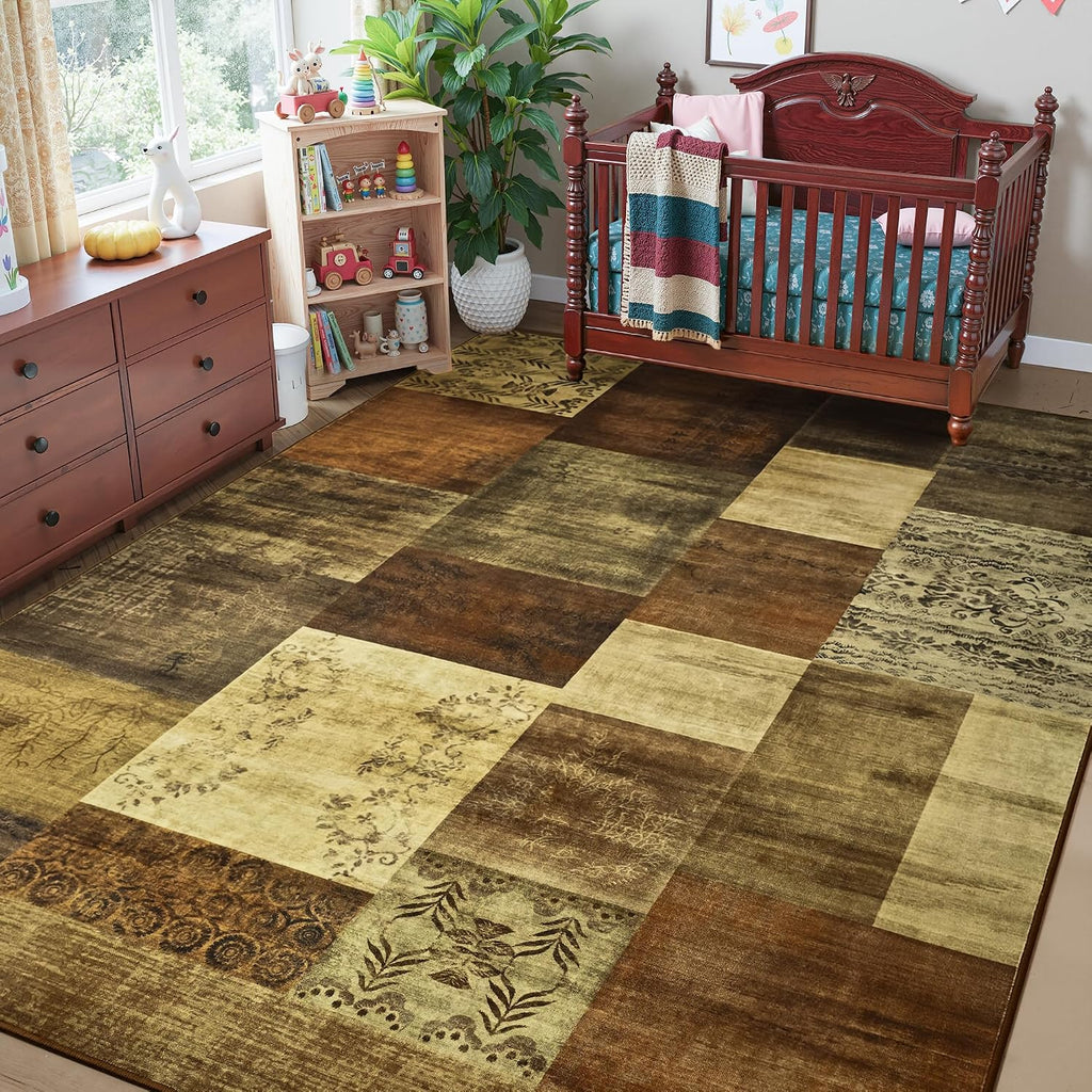 6X9 Area Rugs for Living Room, Washable Geometric Brown Bedroom Rug