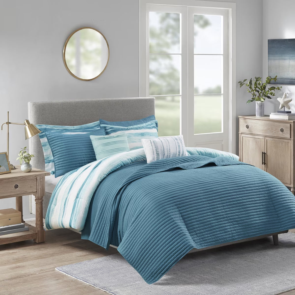 Bedding Sets 8 Piece Printed Seersucker Comforter and Quilt Set Collection Aqua Full/Queen,Bed Sets