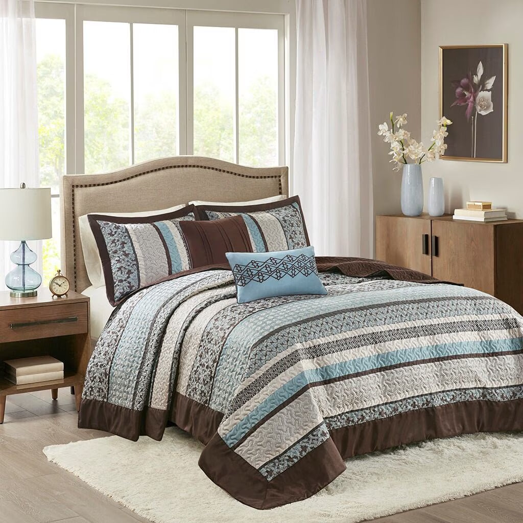 Bedding Sets 5 Piece Reversible Jacquard Bedspread Set Blue King,Bed Sets