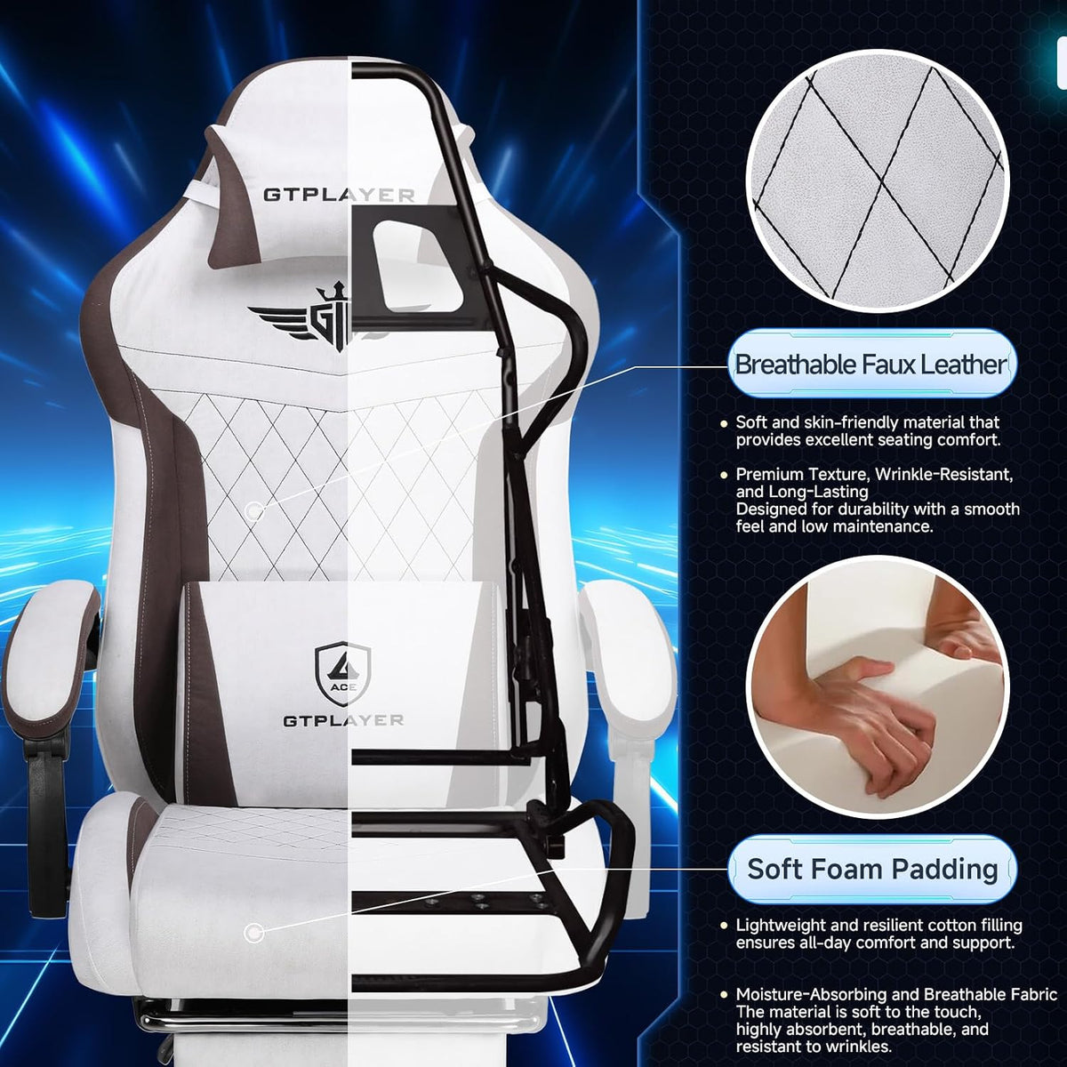 Gaming Chair, Video Game Chairs with Footrest and Lumbar Support, Computer Chair for Adults with Extended Backrest, Ergonomic Reclining Silla Gamer, Fabric, Brown
