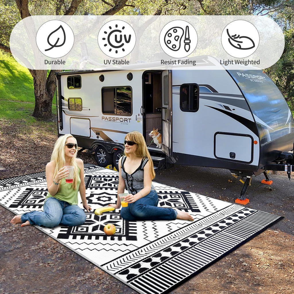 Waterproof Outdoor Rug 9X12Ft, Boho Reversible Plastic Straw Mat for Patio RV Deck Porch Backyard Balcony Camping Picnic Beach Indoor Outdoor Carpet, Black&White