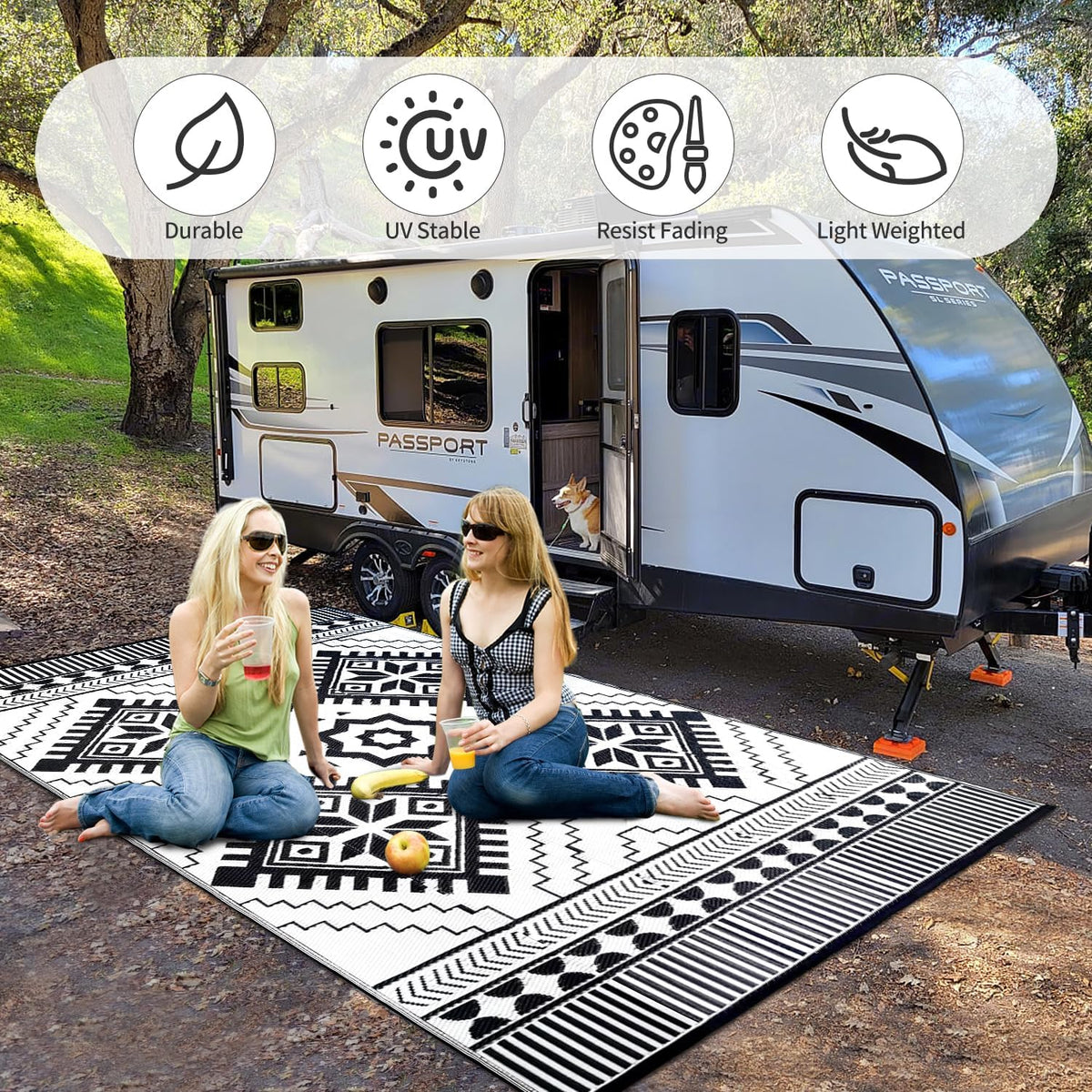 Waterproof Outdoor Rug 9X12Ft, Boho Reversible Plastic Straw Mat for Patio RV Deck Porch Backyard Balcony Camping Picnic Beach Indoor Outdoor Carpet, Black&White