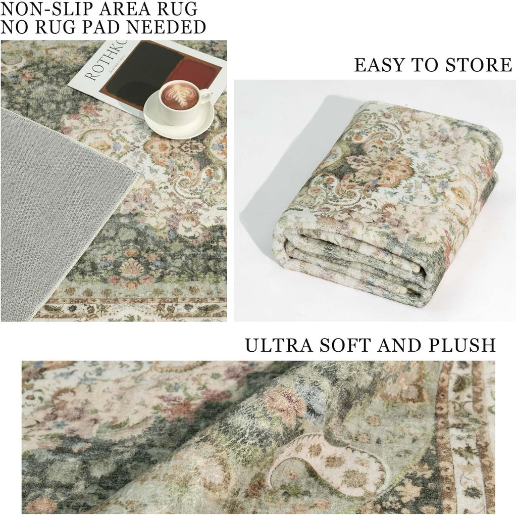 5X7 Area Rugs Washable,Green Rug for Living Room Bedroom Boho