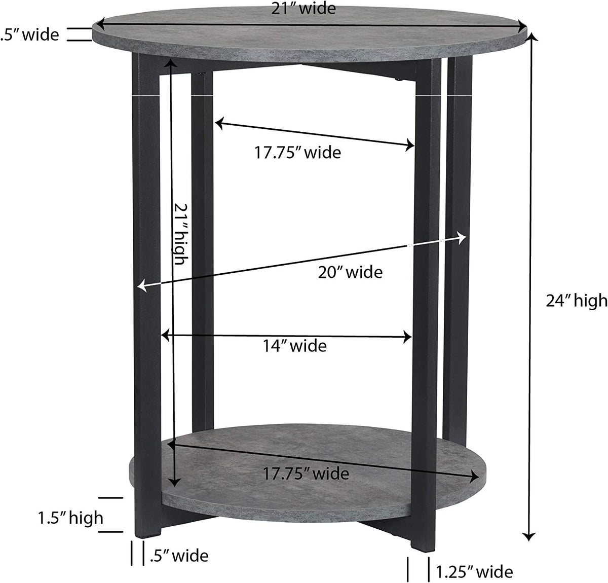 Jamestown round Side End Table with Storage Shelf Rustic Slate Concrete and Black Metal