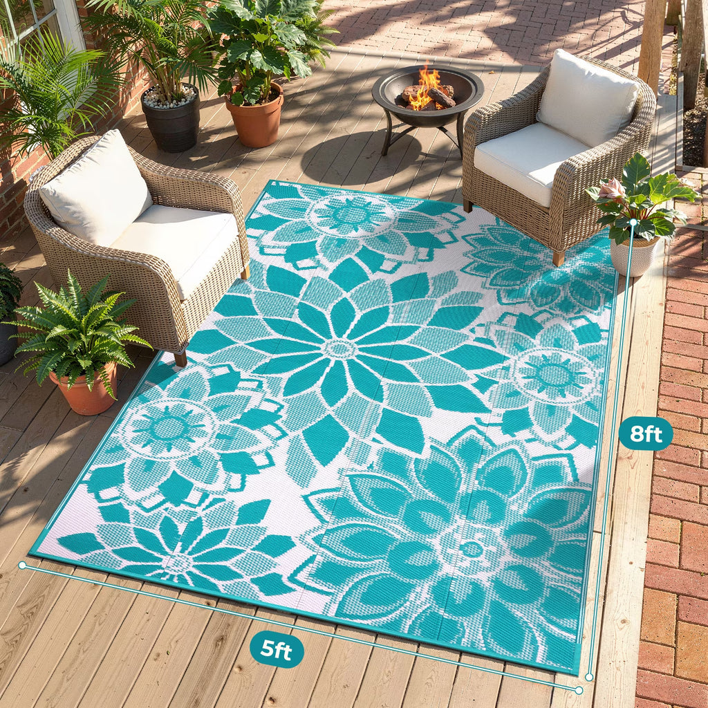 5'X8' Outdoor Rug Patios Rug Waterproof RV Outdoor Rug Camping Rugs Reversible Plastic Straw Rug Large Outdoor Mat Outdoor Area Rug for Camping,Balcony Apartment,Patio,Picnic,Beach Teal