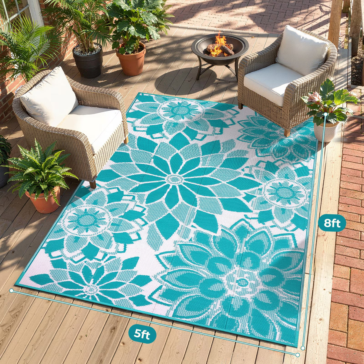 5'X8' Outdoor Rug Patios Rug Waterproof RV Outdoor Rug Camping Rugs Reversible Plastic Straw Rug Large Outdoor Mat Outdoor Area Rug for Camping,Balcony Apartment,Patio,Picnic,Beach Teal