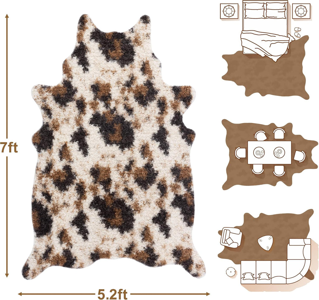 Faux Fur Cowhide Rug: Fluffy Cow Print 5.2X7 Feet Washable Cow Hide Rug for Living Room Bedroom Animal Print Skin Rustic Western Décor Black and Brown