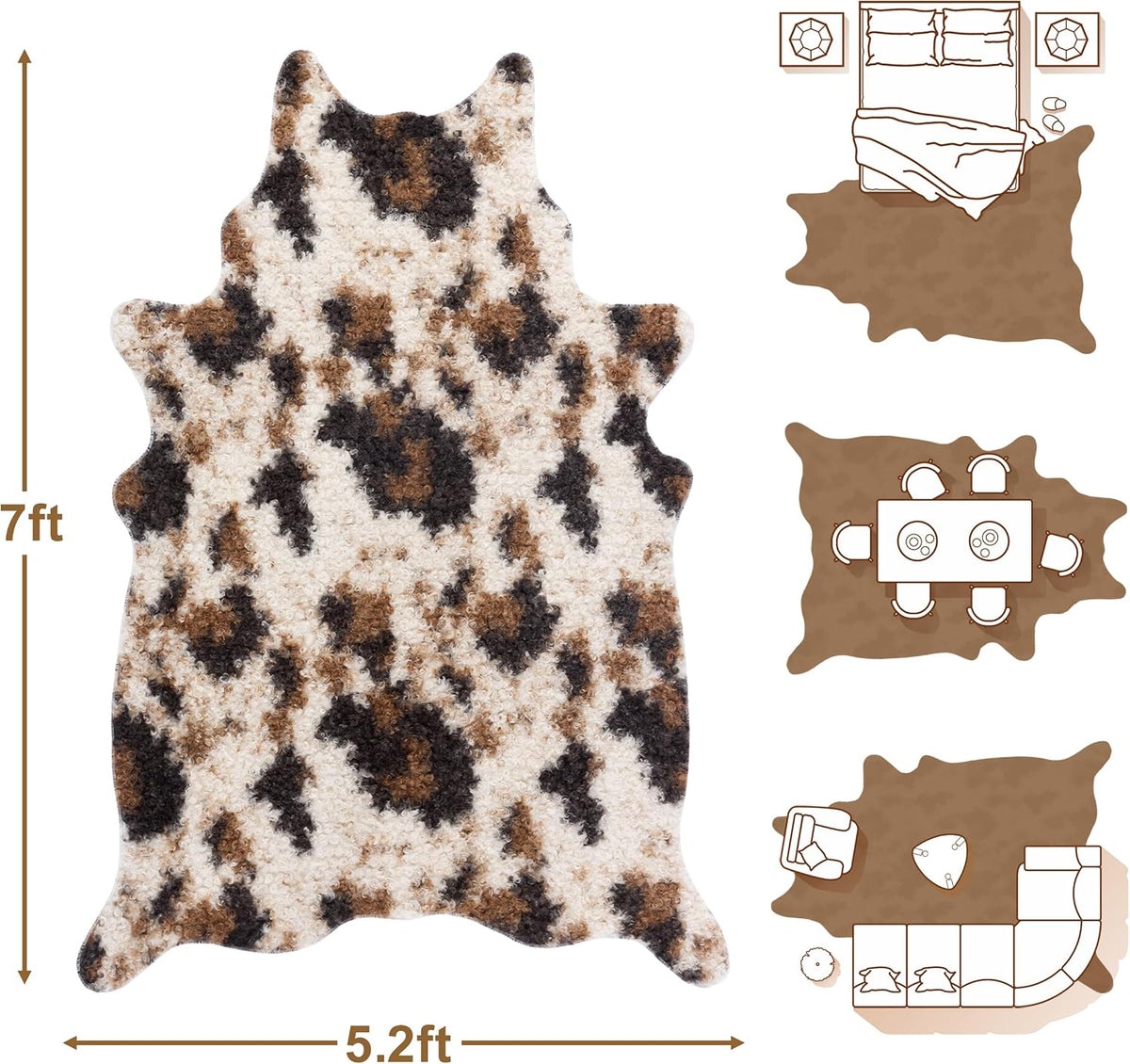 Faux Fur Cowhide Rug: Fluffy Cow Print 5.2X7 Feet Washable Cow Hide Rug for Living Room Bedroom Animal Print Skin Rustic Western Décor Black and Brown