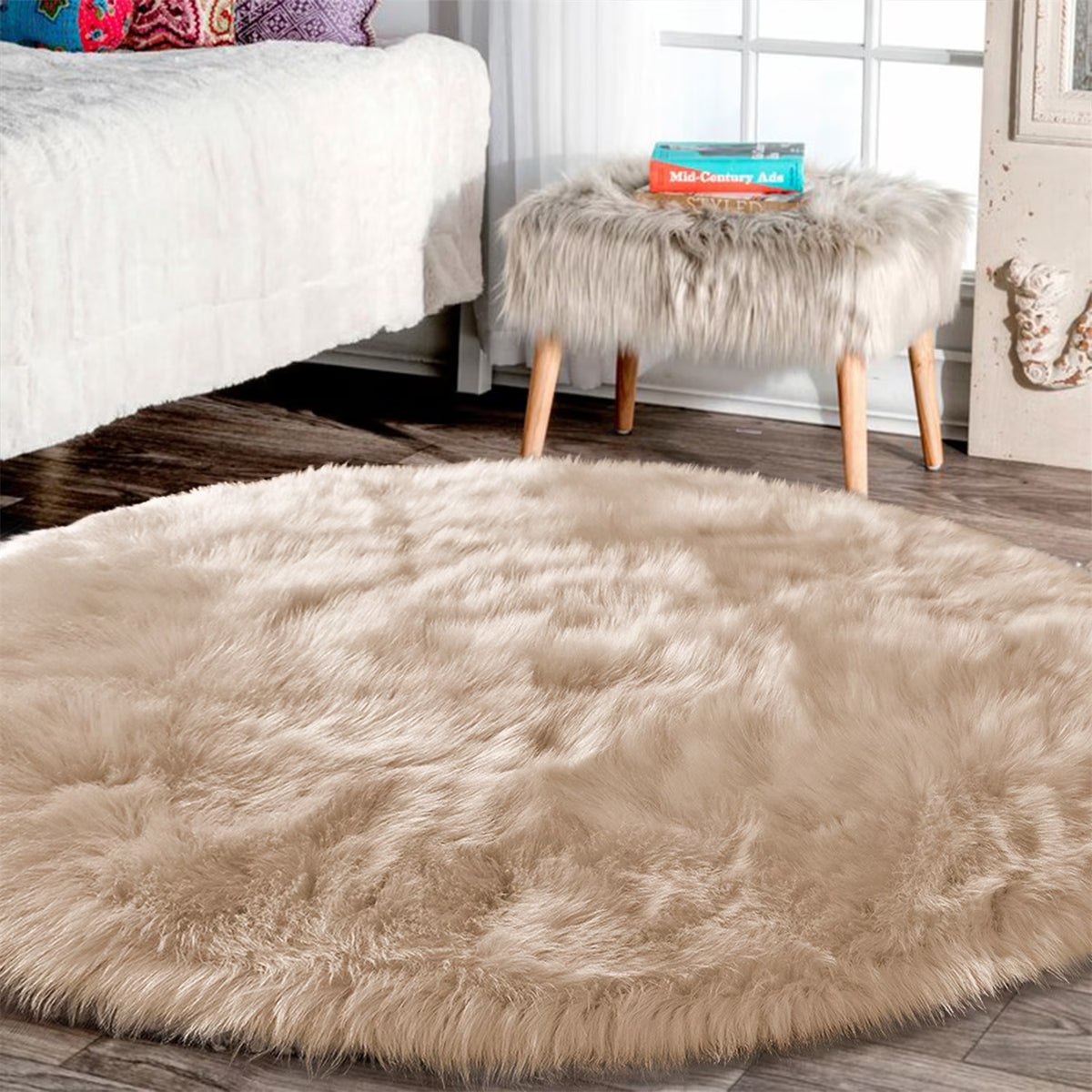 Beige Area Rug round Area Rug 5Ft Circle Fur Rug for Living Room Bedroom Rug Faux Sheepskin Rug Washable Rug Fluffy Rug Plush Rug Furry Rug Home Deocr