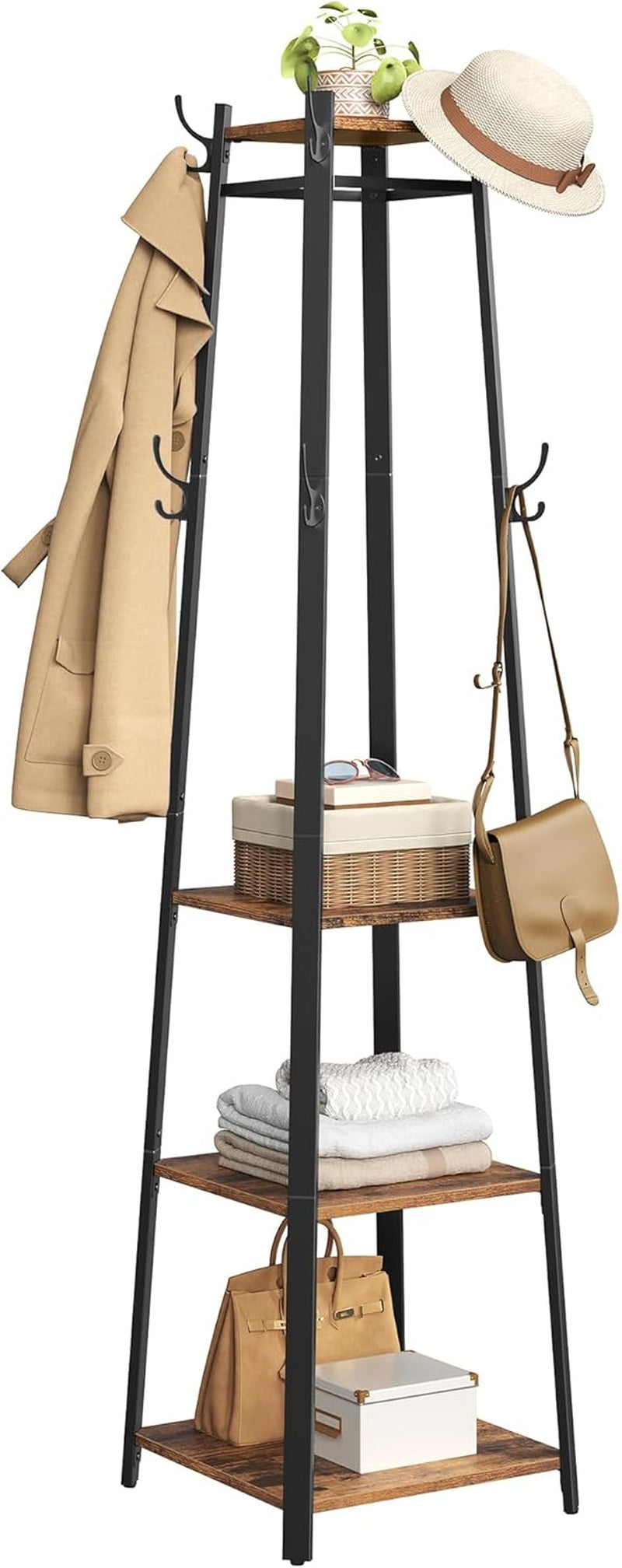 Coat Rack Freestanding, Hall Tree with 4 Shelves