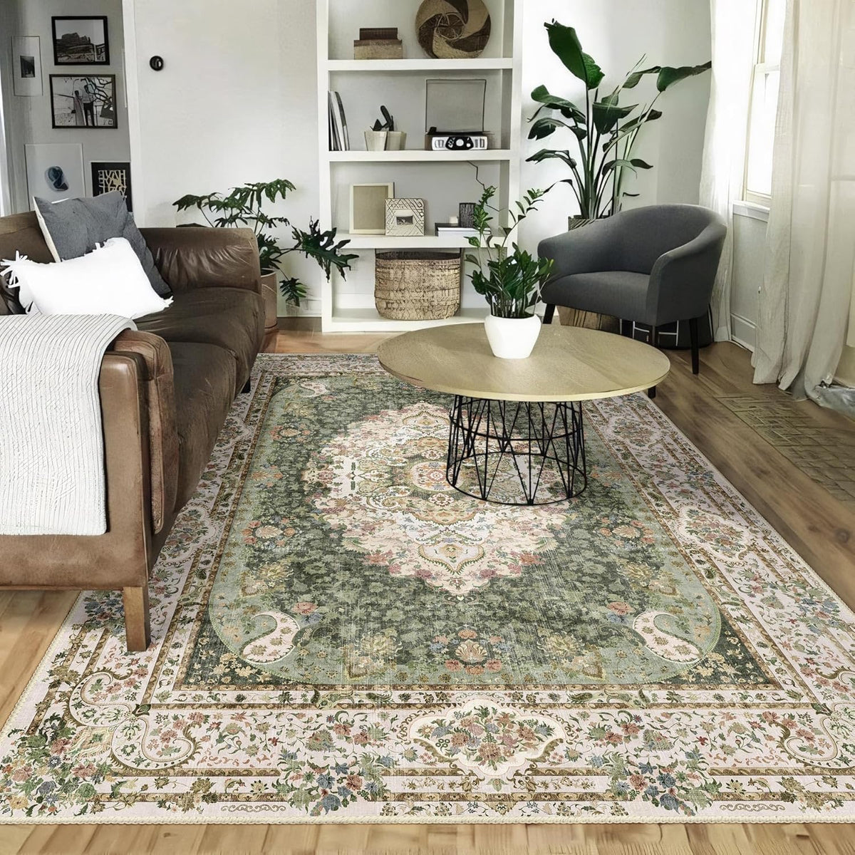 5X7 Area Rugs Washable,Green Rug for Living Room Bedroom Boho