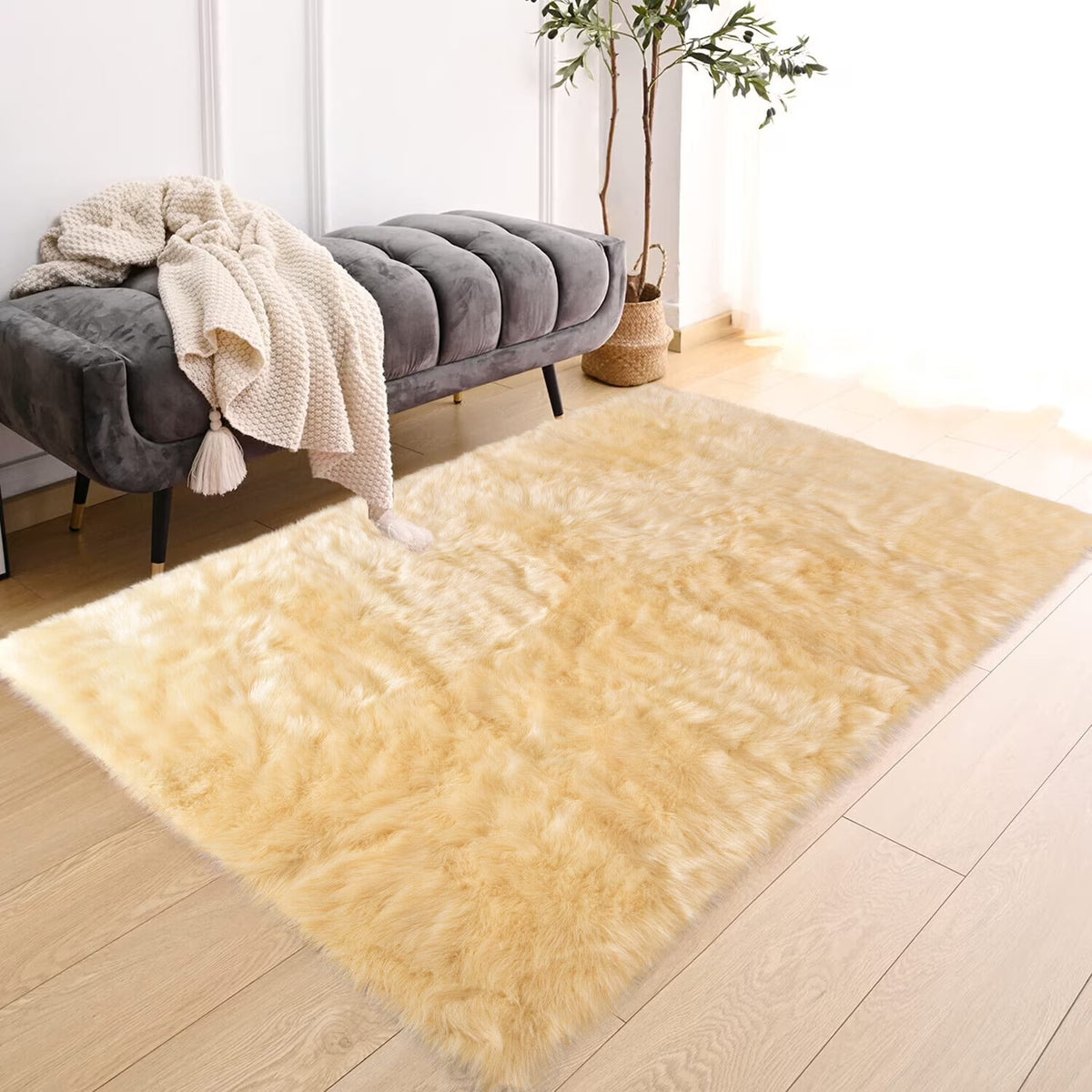 Fur Rug 5X6.7, Faux Sheepskin Rug for Living Room, Nursery Room, Teen Room Decor, Furry Rug, Light Yellow, Rectangle