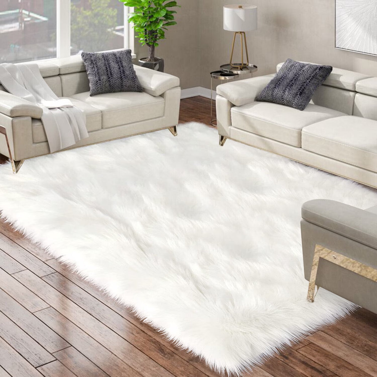 White Faux Fur Rug 5X8, Sheepskin Rug for Living Room, Fluffy Washable Rug for Bedroom, Nursery Room, Furry Rug, Rectangle