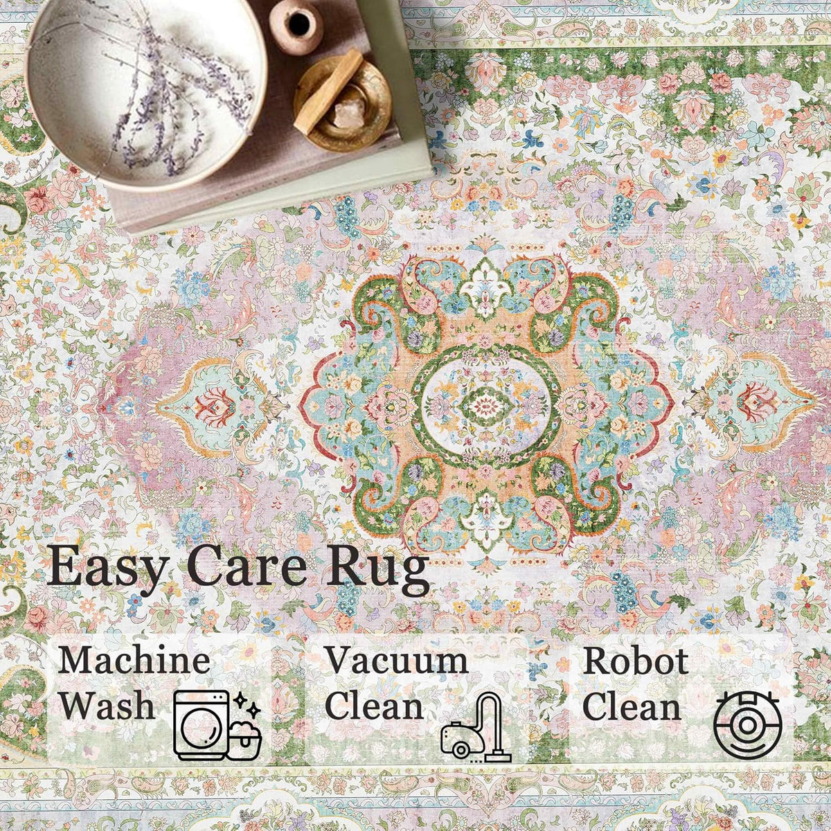 5X7 Area Rugs Washable,Pink Rug for Living Room Bedroom Boho