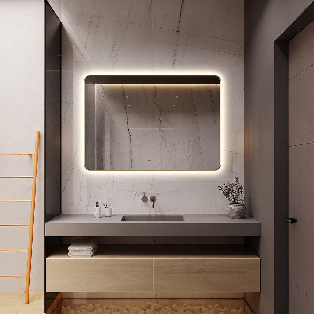 Delphinus II Brushed Gold LED Mirror – Anti-Fog, Dimmable