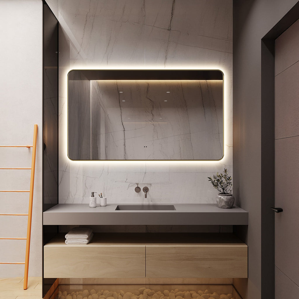 Delphinus II Brushed Gold LED Mirror – Anti-Fog, Dimmable