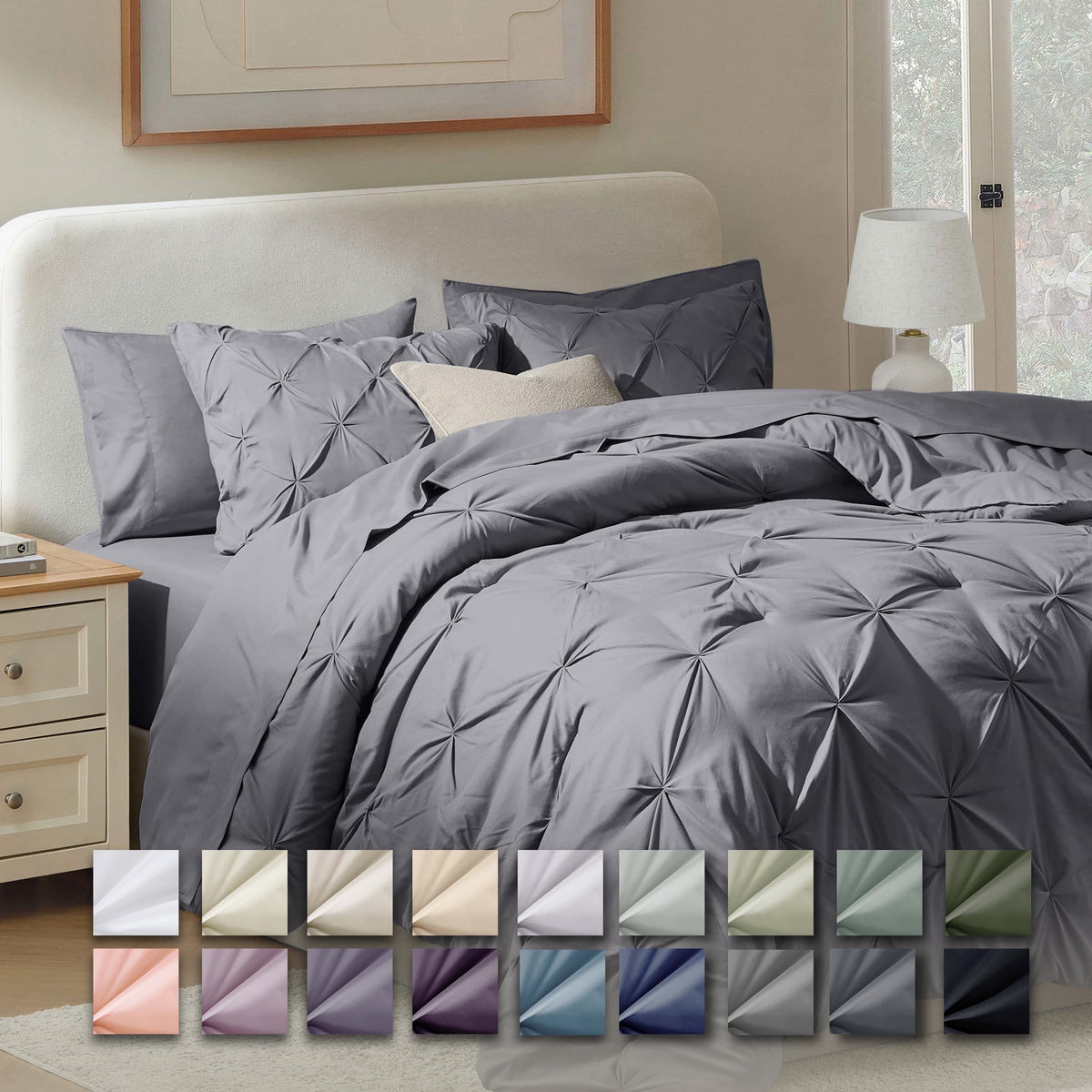 Queen Comforter Set, 7Pc Bed in a Bag, Pleated Bedding Comforter Sets Queen, Dark Grey