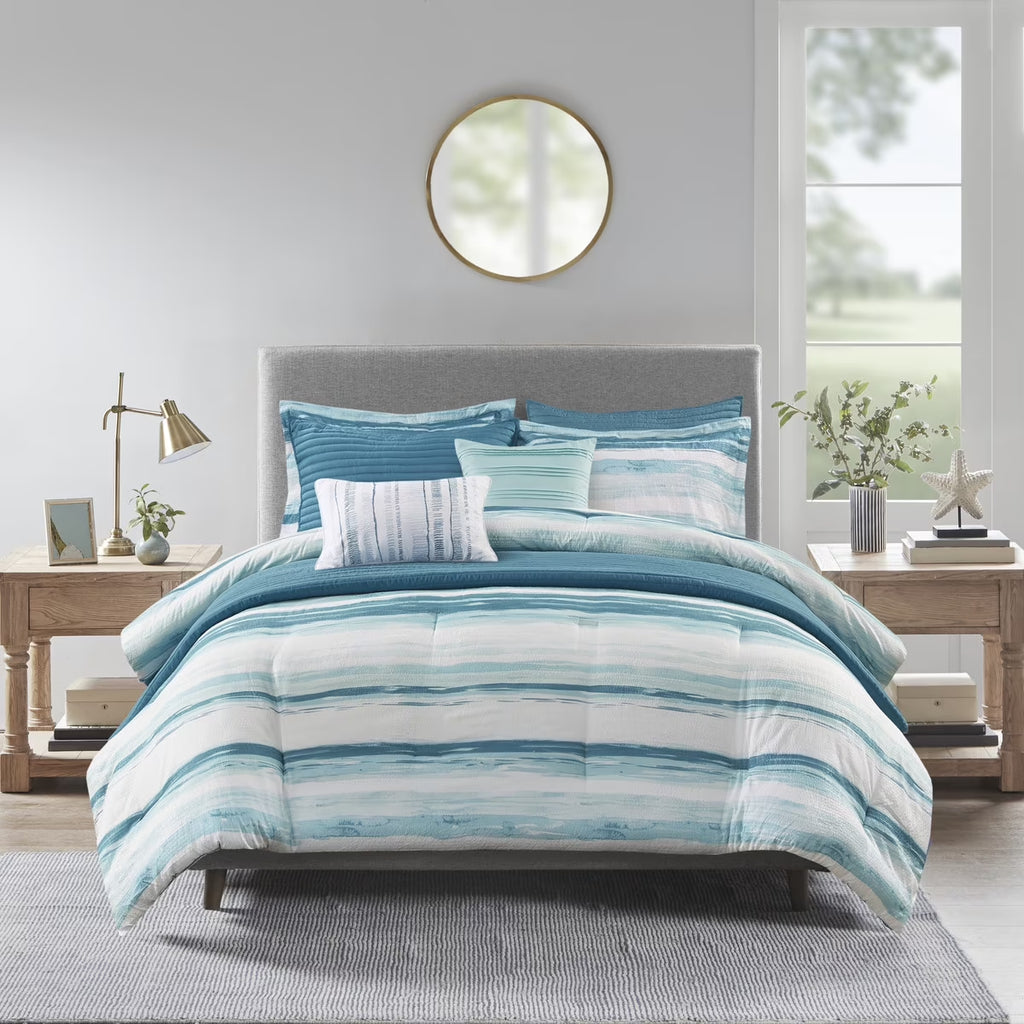 Bedding Sets 8 Piece Printed Seersucker Comforter and Quilt Set Collection Aqua Full/Queen,Bed Sets