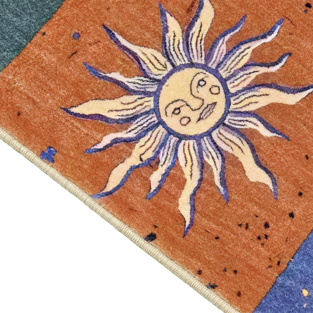 Boho Sun and Moon Washable Rug Ultra Thin, Vintage Mystical Celestial Checkerboard 5X7 Area Rug for Living Room Entryway Kitchen Dorm, Hippie Retro Aesthetic Cute Trendy Indie Bedroom Accent Carpet