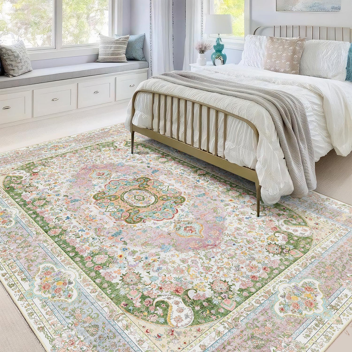5X7 Area Rugs Washable,Pink Rug for Living Room Bedroom Boho