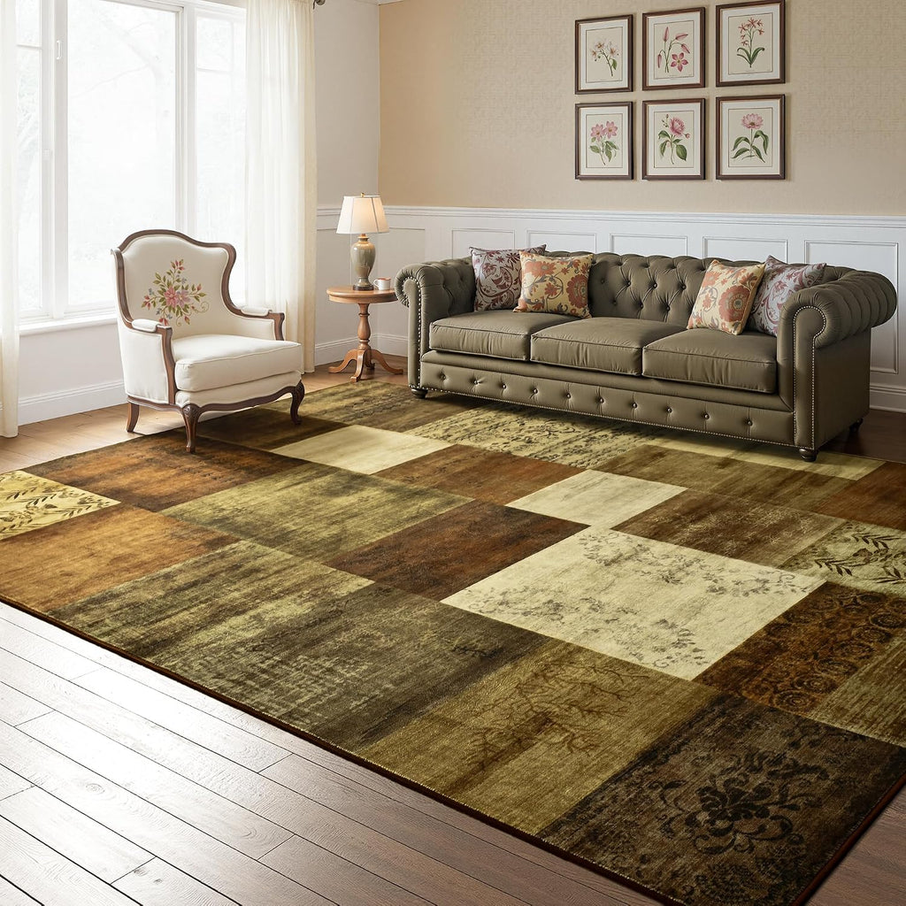 6X9 Area Rugs for Living Room, Washable Geometric Brown Bedroom Rug