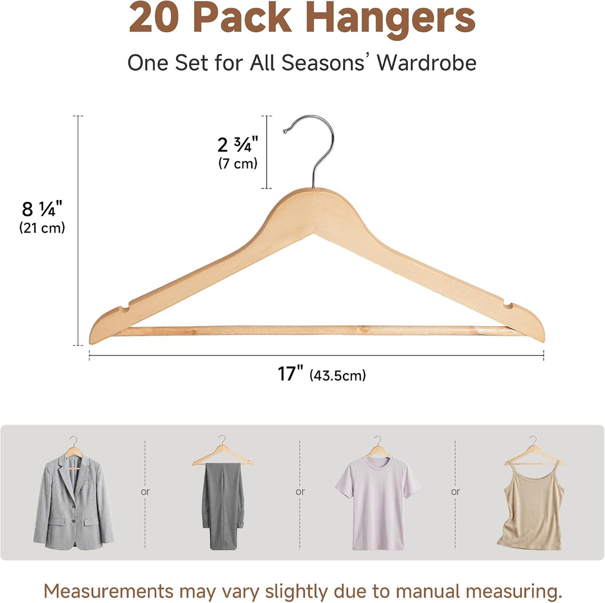 Wooden Coat Hangers, 20 Pack Wood Clothes Hanger for Closet