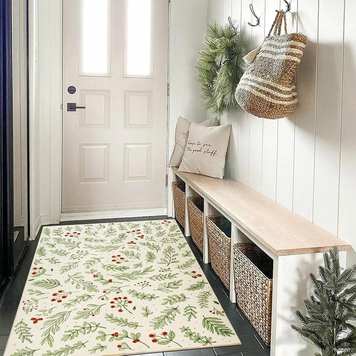 Cute Christmas Area Rugs 5X7 Washable - Ultra Thin Soft Xmas Tree Berries Holly Branches Festive Winter Rug, Modern Floral Woodland Christmas Carpet for Kitchen Bedroom Living Room Entryway Fire Place