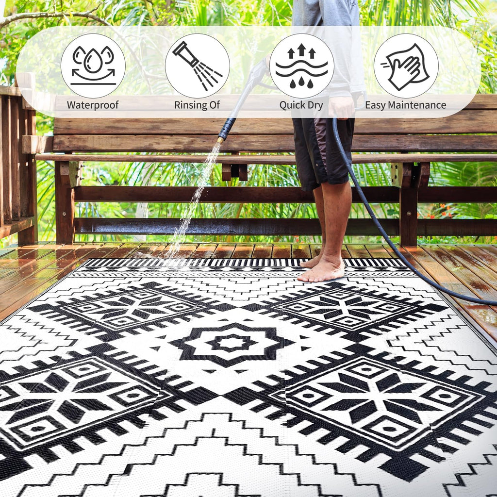 Waterproof Outdoor Rug 9X12Ft, Boho Reversible Plastic Straw Mat for Patio RV Deck Porch Backyard Balcony Camping Picnic Beach Indoor Outdoor Carpet, Black&White