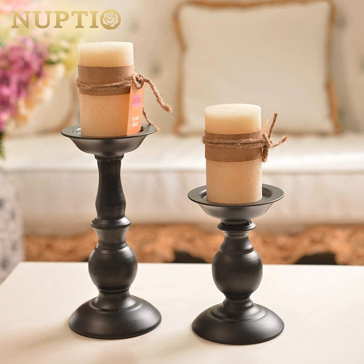 Black Candle Holder for Pillars: Rustic Metal Candle Stands Set
