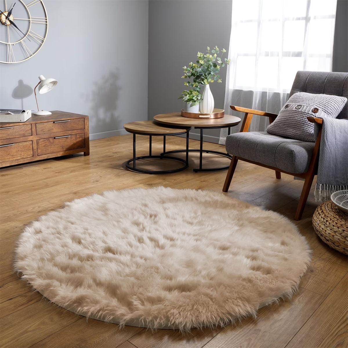 Beige Area Rug round Area Rug 5Ft Circle Fur Rug for Living Room Bedroom Rug Faux Sheepskin Rug Washable Rug Fluffy Rug Plush Rug Furry Rug Home Deocr