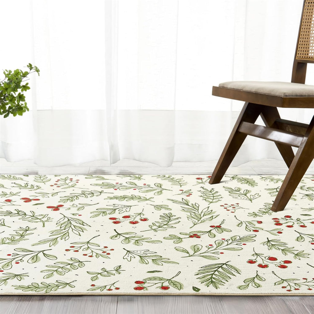 Cute Christmas Area Rugs 5X7 Washable - Ultra Thin Soft Xmas Tree Berries Holly Branches Festive Winter Rug, Modern Floral Woodland Christmas Carpet for Kitchen Bedroom Living Room Entryway Fire Place